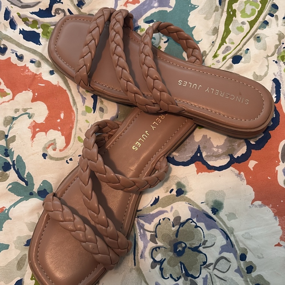 Sincerly Jules Braided Triple-Strap Slide Sandals - Mauve Brown